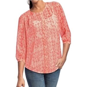 CAbi “Emerson” Geometric Silk Blouse in Coral